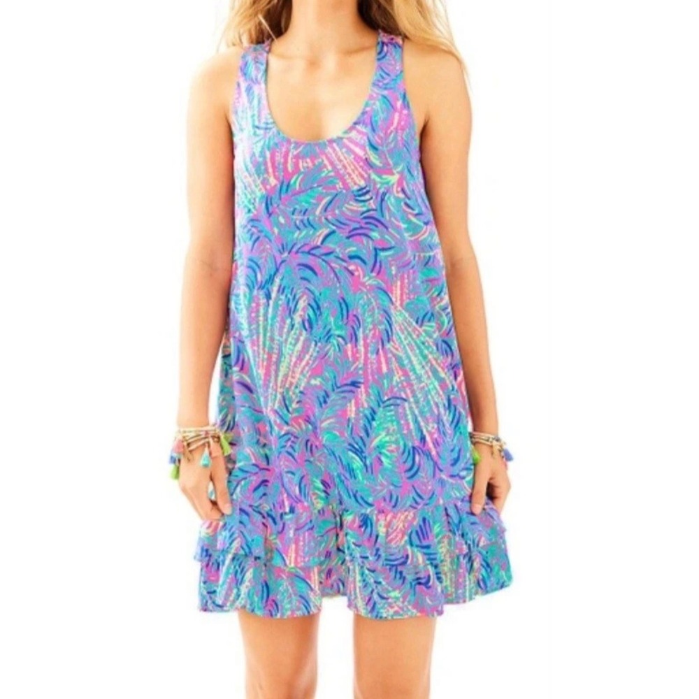 Lilly Pulitzer Evangelica Dress Women Sm Pink Blue Palm Print Ruffle Pima Cotton